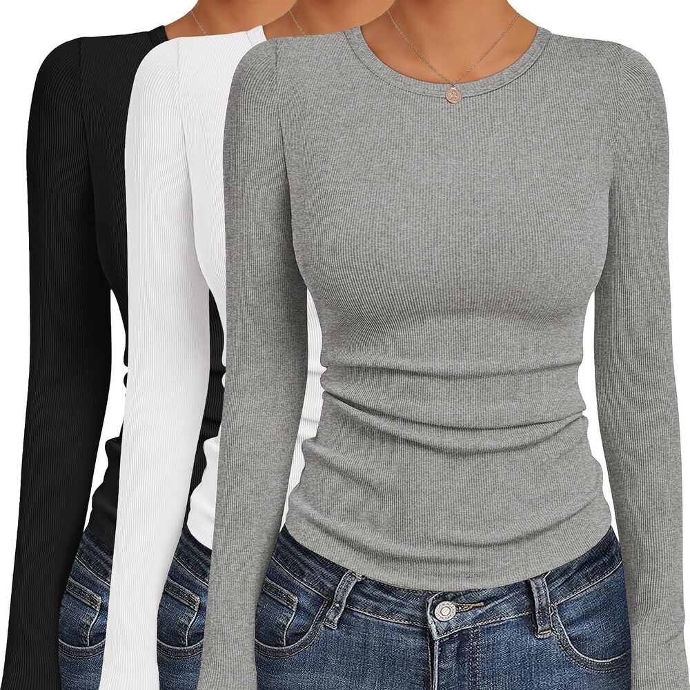 Womens Long Sleeve Shirts 3 Packs Fitted Thermal Undershirts (S)